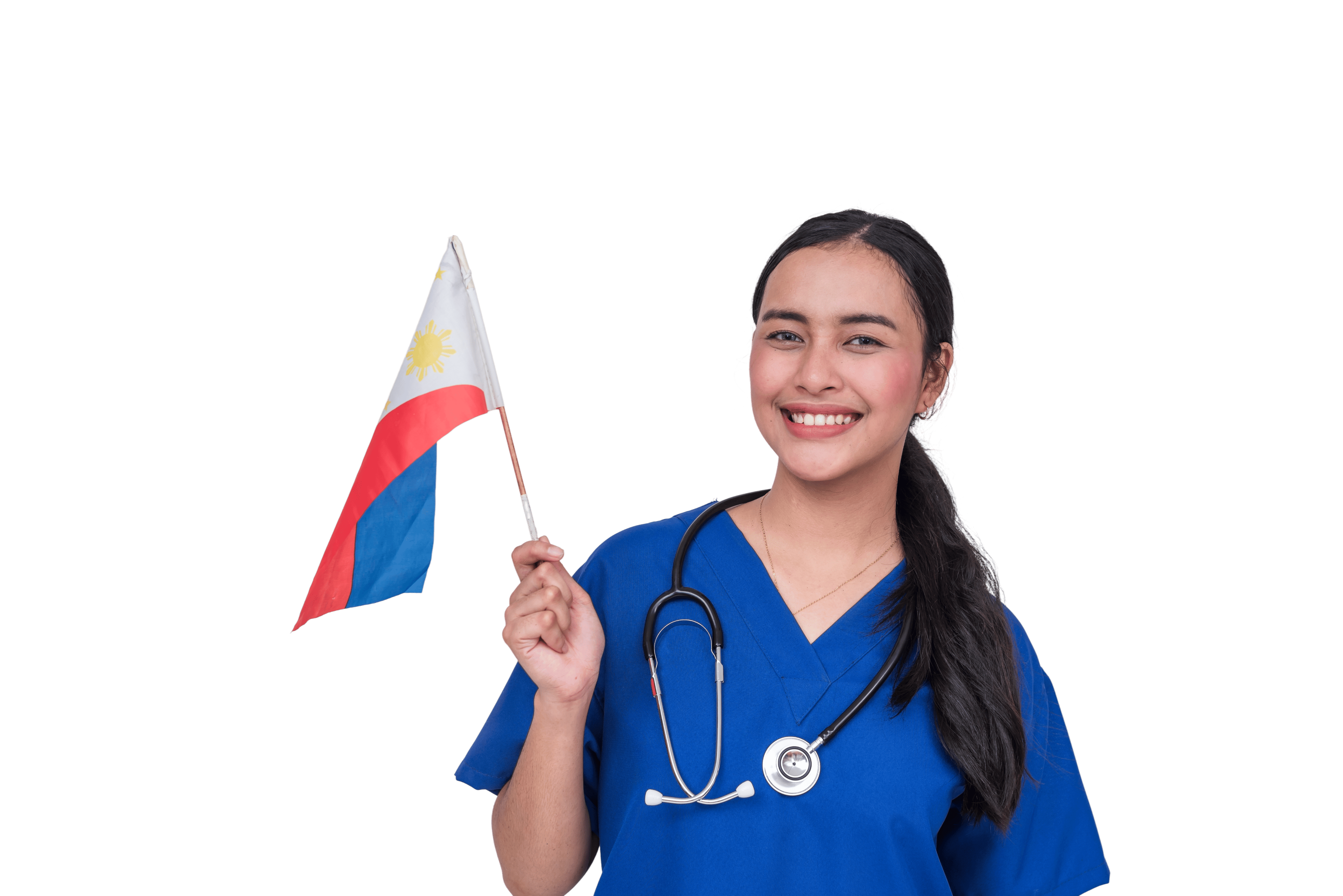 Filipino healthcare professional holding Philippine flag with airplane in background
